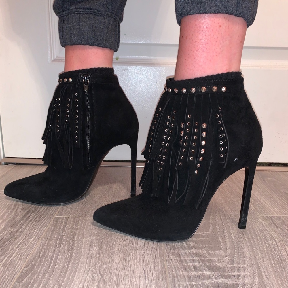 SAINT LAURENT black suede studded fringe booties